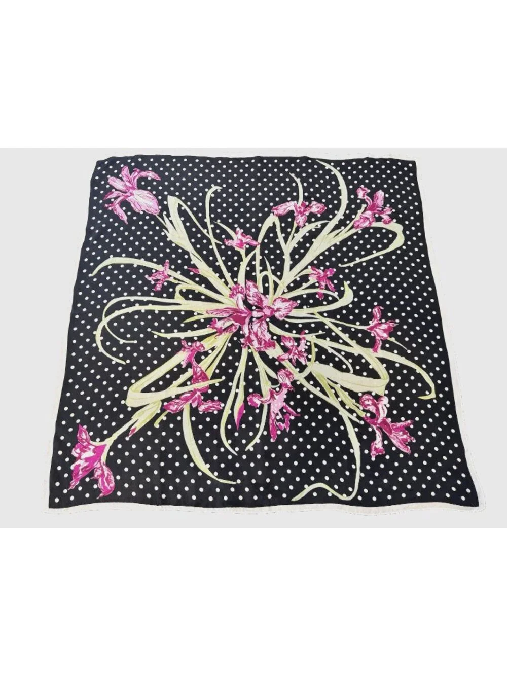 Vintage SILK Scarf, Black & White Polka Dots with Pink Florals 28.5